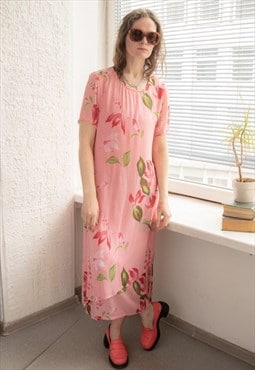 Vintage Pink Flower Print Midi Dress