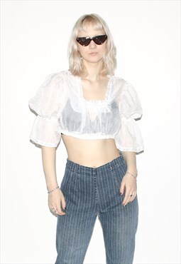Vintage 90s stretchy flare sleeve crop top in white