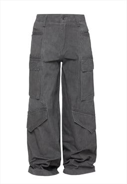 Grey cargo jeans big pocket denim trouser grunge skate pants