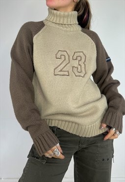 Vintage Y2k Knit Jumper Numbers Turtle Neck Sweater 90s Top