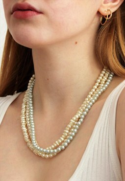 Vintage 1980s Three Strand Cream & Blue Faux Pearl Necklace