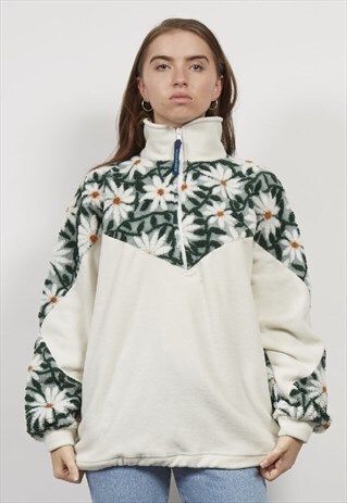 VINTAGE 80'S FLOWER DETAIL QUARTER ZIP TEDDY FLEECE