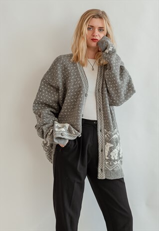 VINTAGE 80S UNISEX WOOL CARDIGAN WITH NORDIC PATTERN