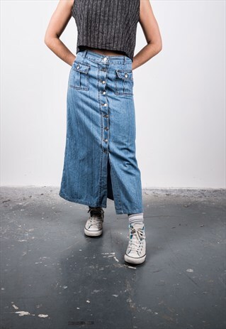VINTAGE 1990S BLUE DENIM BUTTON DOWN MIDI SKIRT