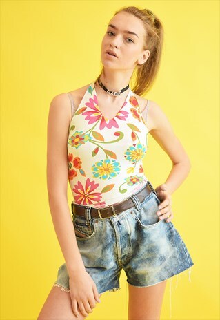 90'S RETRO FLORAL PRINT LYCRA TIE UP TOP