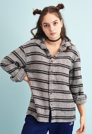 90'S RETRO STRIPED OVERSIZED DADS JAZZY KNIT WARM SHIRT