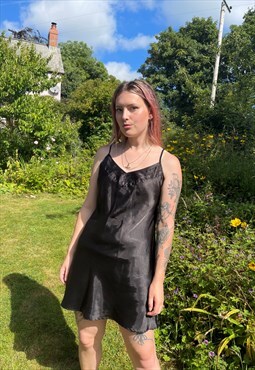 Vintage 00s Y2K Satin Black Mini Summer Slip Dress