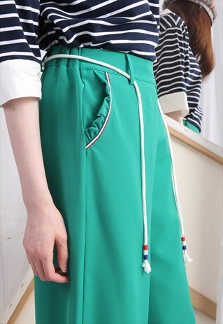SPORTY STRAP & RUFFLE TRIMS WIDE LEG CROP TROUSERS