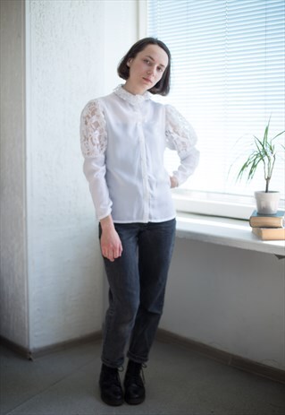VINTAGE 80'S WHITE LACE DETAILED SHIRT