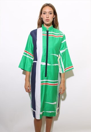 VINTAGE 1960'S 60'S GREEN MOD PRINT POCKETS DRESS SHIFT M-L