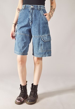 VINTAGE LEE PIPES DENIM CARGO SHORTS MID BLUE