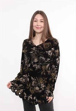 90s black flowers blouse, vintage gold roses embroidery top
