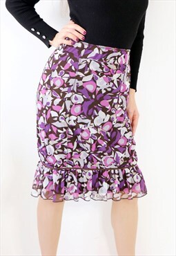 Vintage 90s Mesh Midi Skirt Purple Floral Flounced Ruffle
