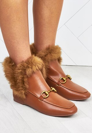 BONNIE TAN FAUX FUR BUCKLE ANKLE BOOTS