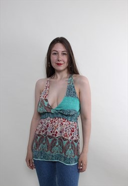 Y2k halter top, paisley print top, flowers halter top