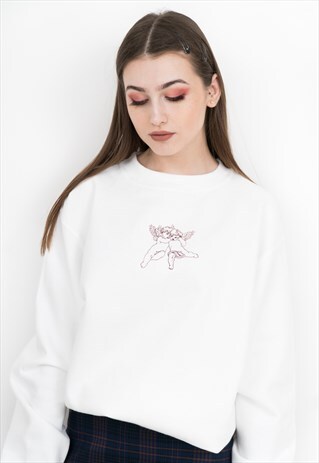 ANGELS CHERUBS EMBROIDERED WHITE SWEATSHIRT JUMPER