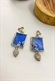 1990'S SILVER & BLUE GLASS CLIP ON DROP EARRINGS