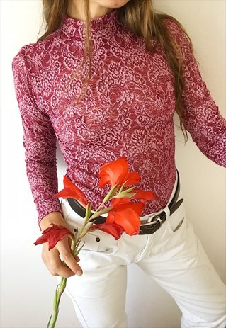 VINTAGE Y2K 00S BAROQUE LACE MESH TURTLENECK BLOUSE TOP