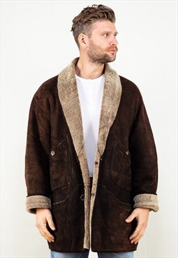 Vintage 80's Men Sheepskin Suede Coat In Brown