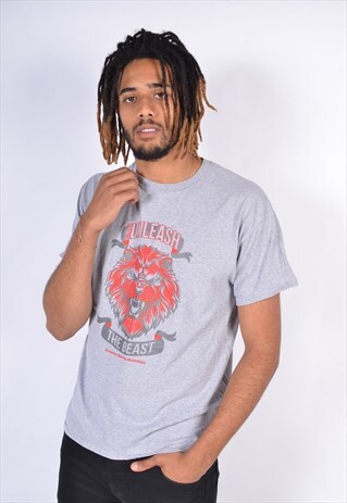 VINTAGE LION ANIMAL GRAPHIC PRINT T-SHIRT GREY