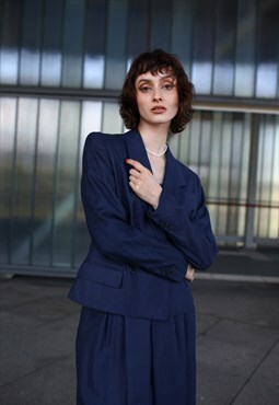 Vintage 80's Suit Set Blazer Jacket Midi Skirt Blue XS