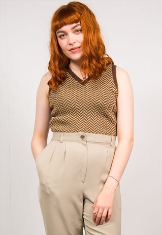 VINTAGE 70'S BROWN KNIT RIBBED PATTERN VEST TANK TOP