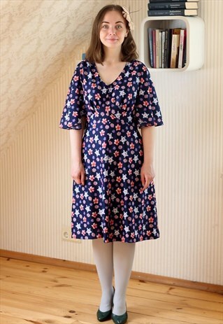 DARK BLUE FLORAL BATWING DRESS