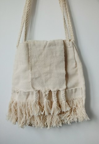 CROCHET BEIGE WHITE CORDUROY COTTON BAG SHOPPER BAG TOTE BAG