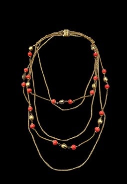 60's Gold Metal Costume Jewellery Orange Bead Necklace