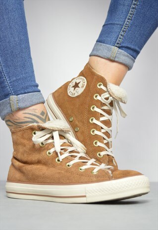 90S CONVERSE BROWN SUEDE & CREAM FLEECE LINED HI-TOPS RETRO