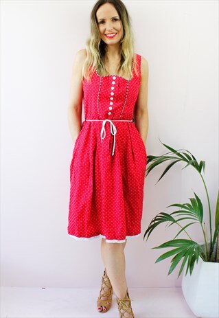 VINTAGE 90'S SUMMER RED SPOTTED A LINE MIDI DRESS