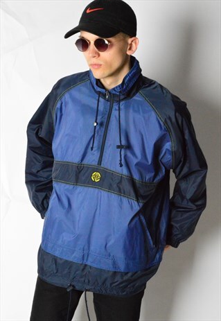 VINTAGE 90S NAVY BLUE 1/3 ZIPPER SHELL JACKET WITH HOOD