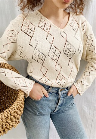 VINTAGE 80S MILKMAID WHITE SHEER LONGLINE JUMPER SWEATER