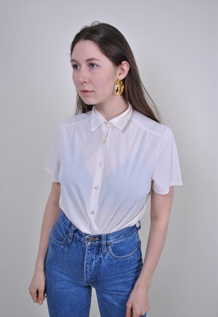 80S WHITE SUMMER BLOUSE, VINTAGE SHORT SLEEVE FORMAL SHIRT