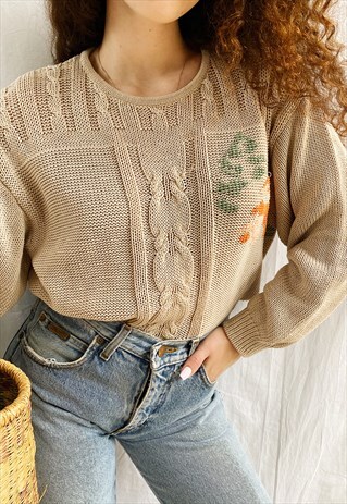 VINTAGE 80S MILKMAID FLORAL CROSS STITCHED JUMPER SWEATER