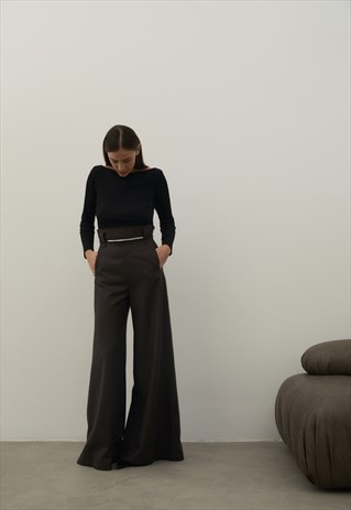 BROWN WOOL PALAZZO TROUSERS