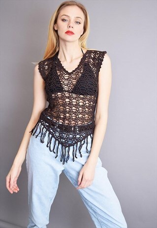 90'S RETRO V- NECK HANDMADE FRINGED BOHO TOP IN CROCHET