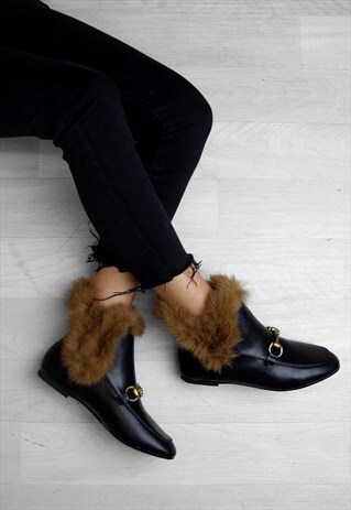 BONNIE BLACK FAUX FUR BUCKLE ANKLE BOOTS