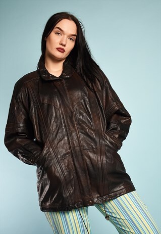 VINTAGE 80'S RETRO REAL LEATHER OVERSIZED MOM PARKA JACKET