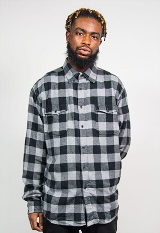 90'S VINTAGE BLACK GREY LARGE CHECK PATTERN FLANNEL SHIRT