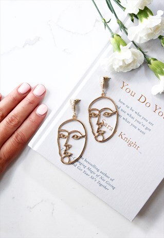 GOLD FACE CUT OUT LARGE DROP DANGLE EARRINGS