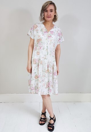 VINTAGE 90'S WHITE AND PINK FLORAL DROP WAIST PLEATED DRESS
