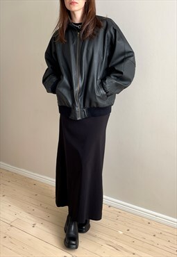 Vintage Oversized Blacl Leather Bomber Jacket