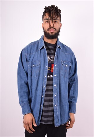 WRANGLER MENS VINTAGE DENIM SHIRT LARGE BLUE 90'S