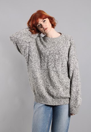 VINTAGE 80S GREY CHUNKY CABLE KNIT OVERSIZE JUMPER