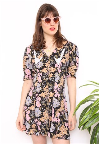 VINTAGE 90S DARK FLORAL PRINT MINI DRESS