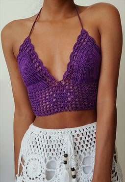 Tianna Purple Crochet festival halter neck tie back crop top