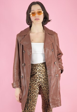 VINTAGE LEATHER JACKET TRENCH COAT IN BROWN WITH BUTTONS