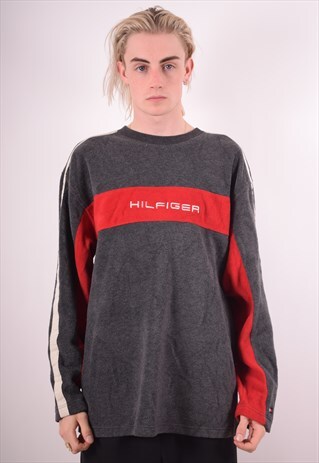 TOMMY HILFIGER MENS VINTAGE FLEECE JUMPER LARGE GREY 90S