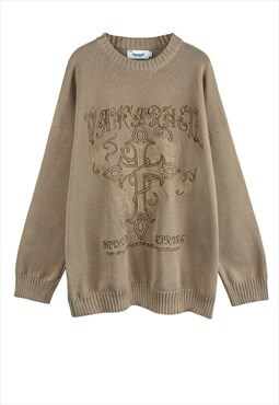 Khaki Graphic embroidered Distressed Oversized Jumper Y2k
